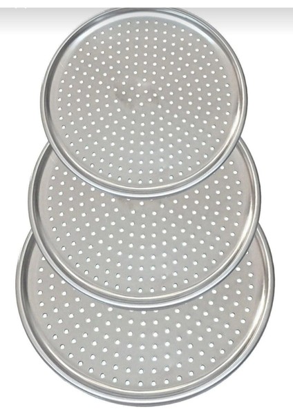 3'lü Lüx Çelik Delikli Pizza Tepsi Seti, 28-32-36 Cm, Dayanıklı ve Şık Tasarım
