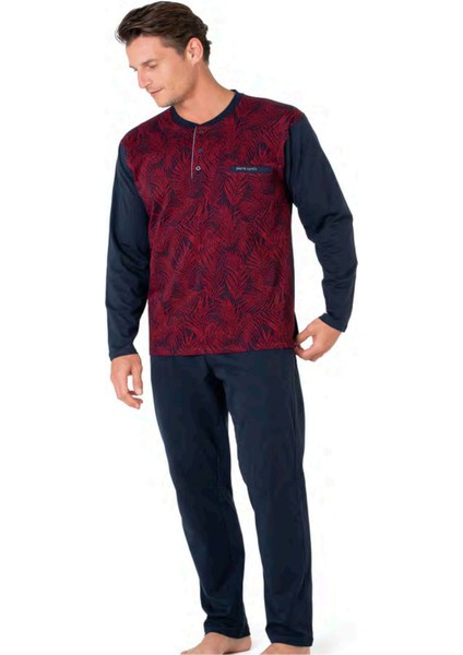6111 Erkek Bordo Uzun Kollu Yakası Düğmeli Pijama Takım