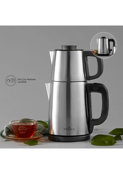 2 In 1 Çelik Su Isıtıcı ve Çay Makinesi, 2,75 Lt, Inox Siyah, Aile Boyu