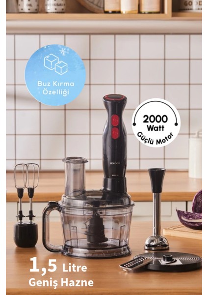 Çok Amaçlı Mutfak Robotu, 6 Fonksiyon, Güçlü 2000 W Motor, Siyah Renk
