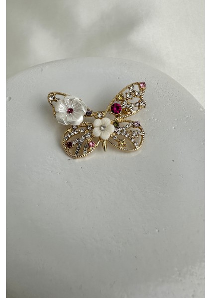 Altın Rengi Çiçek Detay Taşlı Kelebek Broş (4cm)