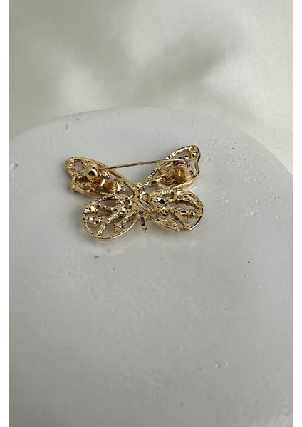 Altın Rengi Çiçek Detay Taşlı Kelebek Broş (4cm) fiyatları