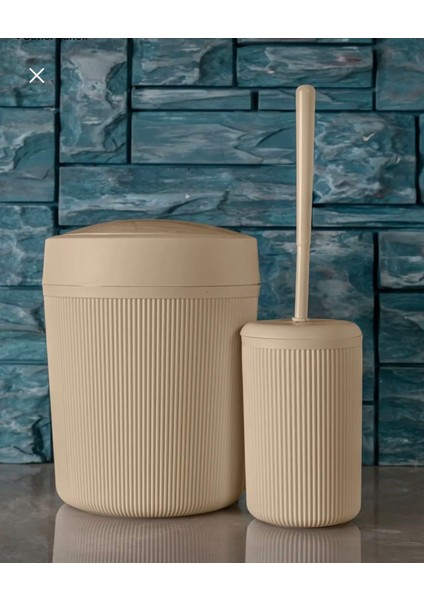 2'li Banyo Seti - Pratik Kapaklı Çizgili Çöp Kovası - Fırça Seti 7 Lt Çöp Kutusu Banyo Takımı
