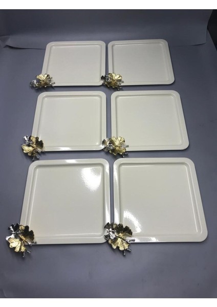 6'lı Beyaz Kare Paslanmaz Çelik Sunum Seti, Kelebek Aksesuarlı, Dekoratif ve Şık