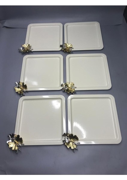 6'lı Beyaz Kare Paslanmaz Çelik Sunum Seti, Kelebek Aksesuarlı, Dekoratif ve Şık fiyatları