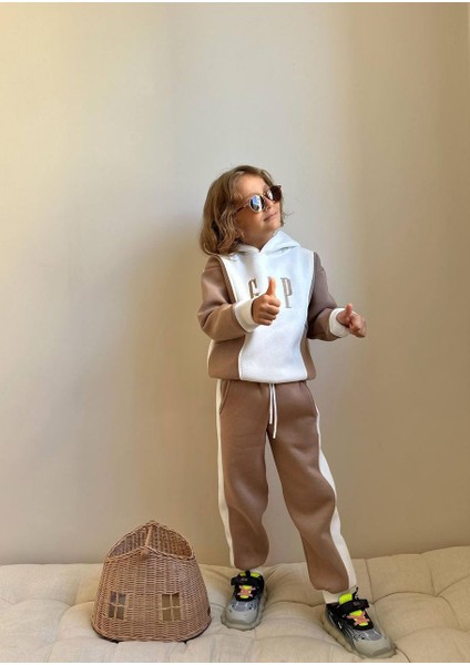 Erkek Çocuk Kanguru Cepli Sweatshirtli Blok Renkli Kışlık Takım