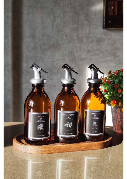 3'lü Ahşap Stantlı Amber Şişe Seti, 300ML, Yağ, Nar Ekşisi, Sirke, Zeytinyağı