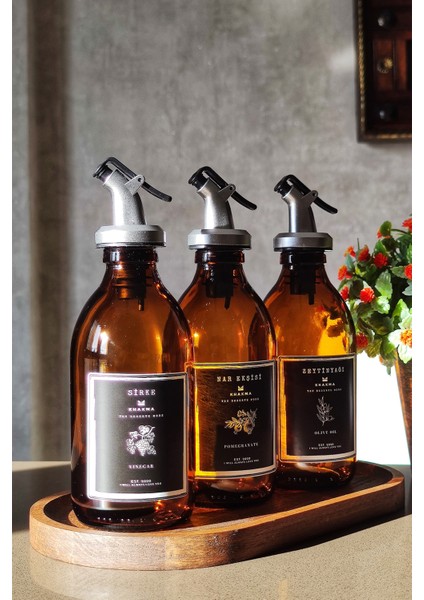 3'lü Ahşap Stantlı Amber Şişe Seti, 300ML, Yağ, Nar Ekşisi, Sirke, Zeytinyağı fırsatları