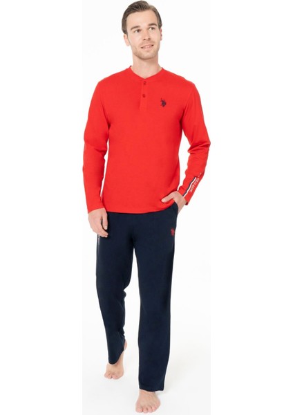 18959B Erkek Kırmızı Yuvarlak Yaka Patlı Uzun Kollu Pijama Takımı