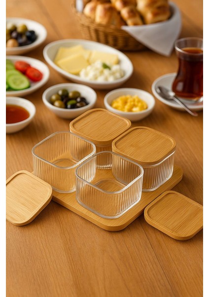 Bambu Kapaklı Cam 4'lü Kahvaltılık Seti, Şık Sunum ve Saklama Kolaylığı Sağlar