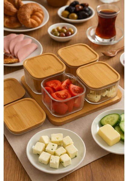 Bambu Kapaklı Cam 4'lü Kahvaltılık Seti, Şık Sunum ve Saklama Kolaylığı Sağlar modelleri