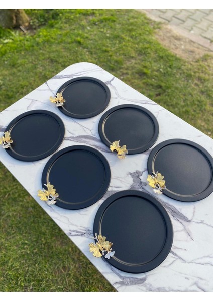 6'lı Yuvarlak Siyah Sunum Tepsisi, Kelebekli, Dekoratif, Çay, Pasta, Kahve, 24 cm fiyatları