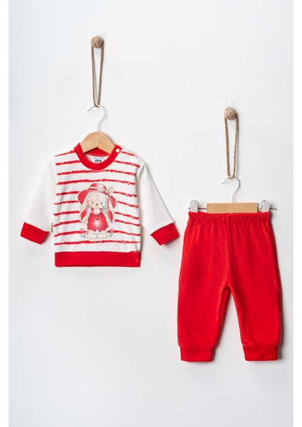 Baby Kız Bebek 3-6-9 Ay Tavşan Baskılı Kadife Kumaş Kendi Kumaşından Manşetli 2'li Alt-Üst Takım