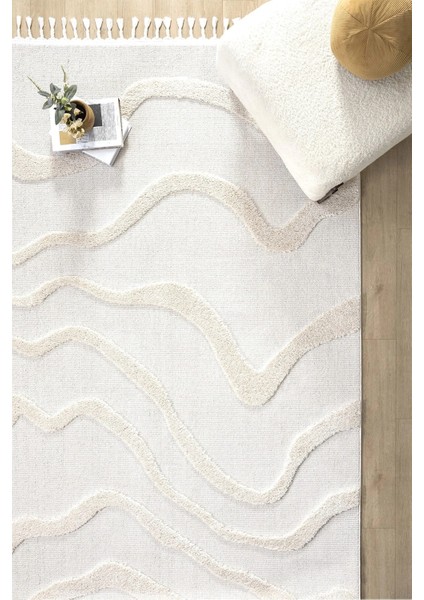 Krem Modern Dokuma Halı Püsküllü Yolluk Antre Oturma Odası Salon Mutfak Çocuk Odası Halısı