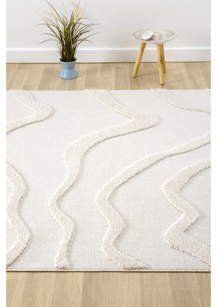Krem Modern Dokuma Halı Püsküllü Yolluk Antre Oturma Odası Salon Mutfak Çocuk Odası Halısı