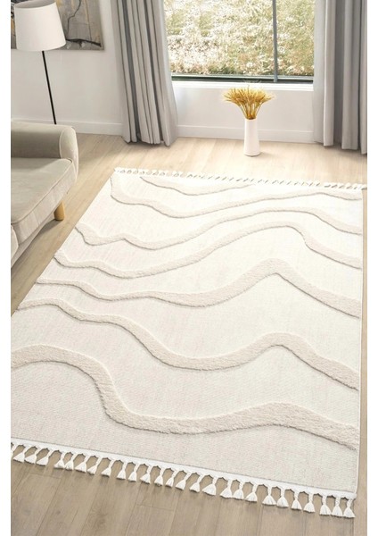 Krem Modern Dokuma Halı Püsküllü Yolluk Antre Oturma Odası Salon Mutfak Çocuk Odası Halısı