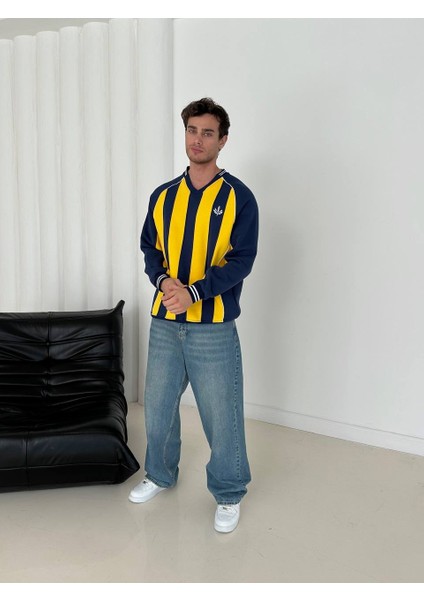 Sarı Lacivert Çizgili 3 Iplik Şardonlu V Yaka Retro Oversize Taraftar Sweatshirt