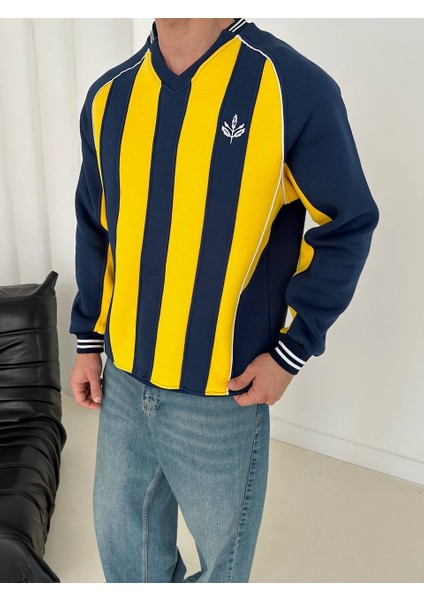 Sarı Lacivert Çizgili 3 Iplik Şardonlu V Yaka Retro Oversize Taraftar Sweatshirt fiyatları