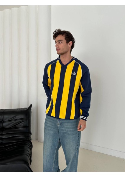 Sarı Lacivert Çizgili 3 Iplik Şardonlu V Yaka Retro Oversize Taraftar Sweatshirt modelleri