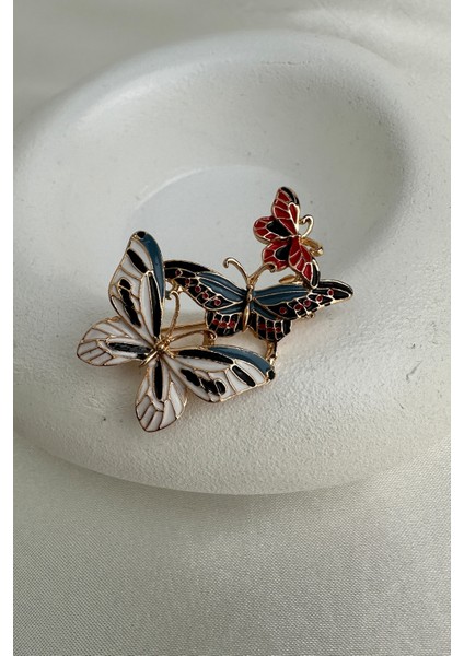 Altın Rengi Renkli Mineli Üç Kelebek Figürlü Broş (4cm) fırsatları