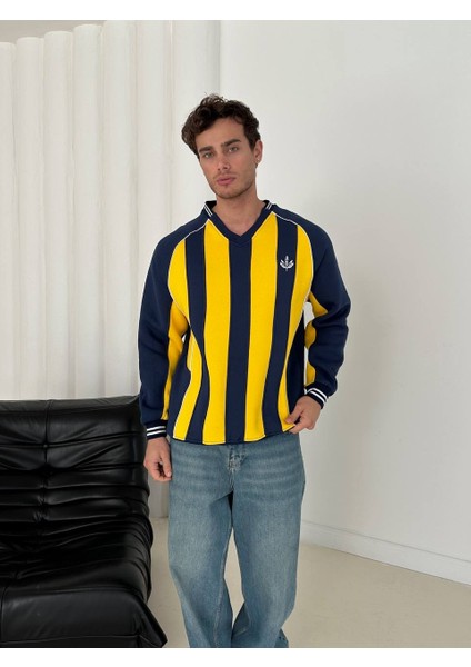 Sarı Lacivert Çizgili 3 Iplik Şardonlu V Yaka Retro Oversize Taraftar Sweatshirt fırsatları