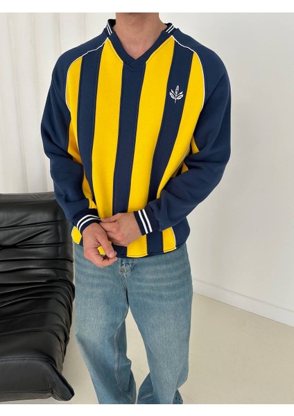 Sarı Lacivert Çizgili 3 Iplik Şardonlu V Yaka Retro Oversize Taraftar Sweatshirt indirimleri