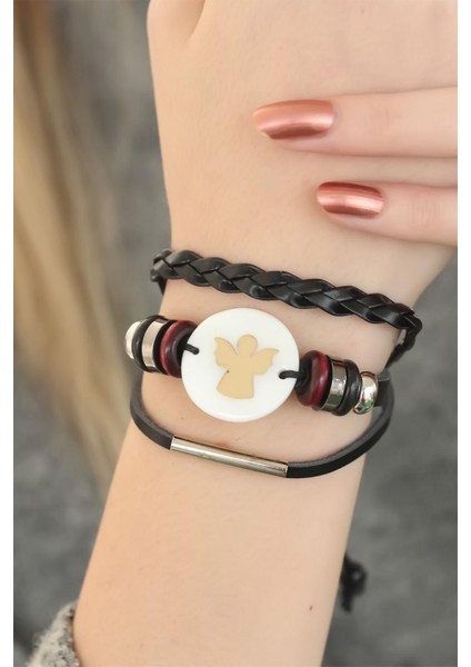 Siyah Renk Melekli Tasarım Çoklu Deri Bayan Bileklik