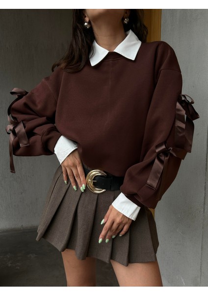 Kadın Kahve 3 Iplik Şardonlu Geniş Kesim Kurdele Detaylı Sweatshirt 28318 fırsatları