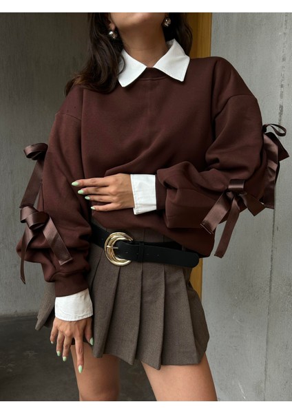 Kadın Kahve 3 Iplik Şardonlu Geniş Kesim Kurdele Detaylı Sweatshirt 28318 indirimleri