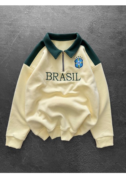 Brezilya Detaylı Düz Sarı Renkli Polo Yaka Yarım Fermuarlı Oversize Sweatshirt