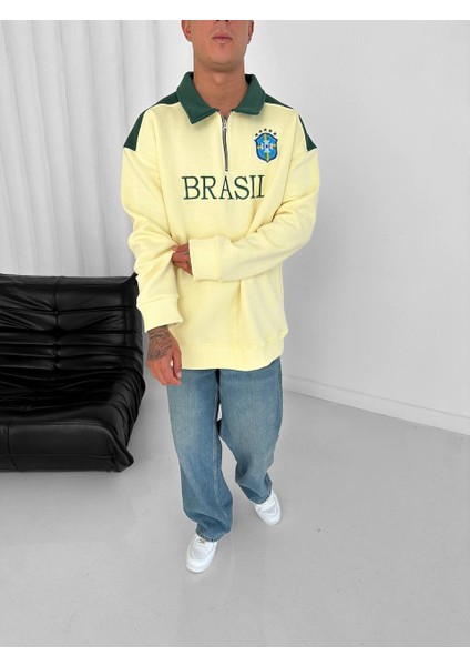 Brezilya Detaylı Düz Sarı Renkli Polo Yaka Yarım Fermuarlı Oversize Sweatshirt fiyatları