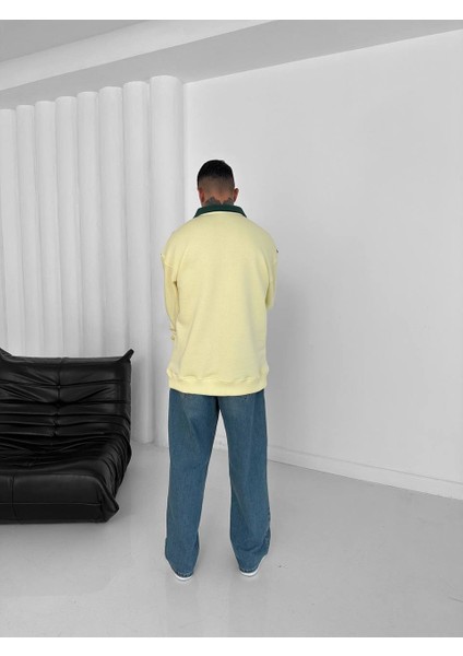 Brezilya Detaylı Düz Sarı Renkli Polo Yaka Yarım Fermuarlı Oversize Sweatshirt modelleri