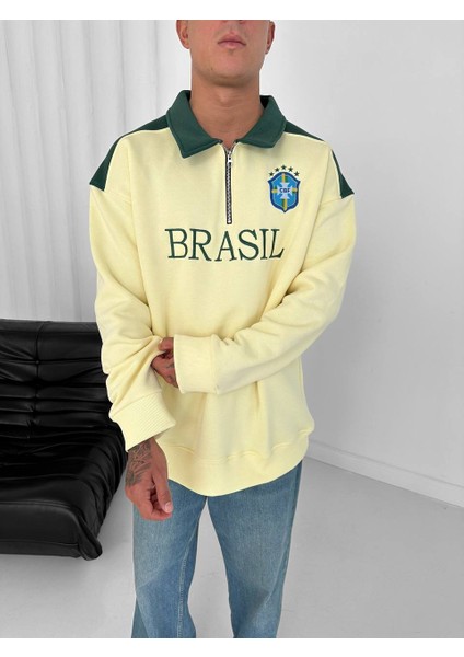 Brezilya Detaylı Düz Sarı Renkli Polo Yaka Yarım Fermuarlı Oversize Sweatshirt fırsatları