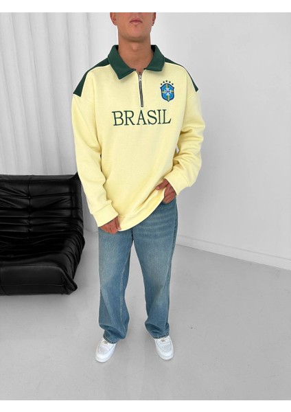 Brezilya Detaylı Düz Sarı Renkli Polo Yaka Yarım Fermuarlı Oversize Sweatshirt indirimleri