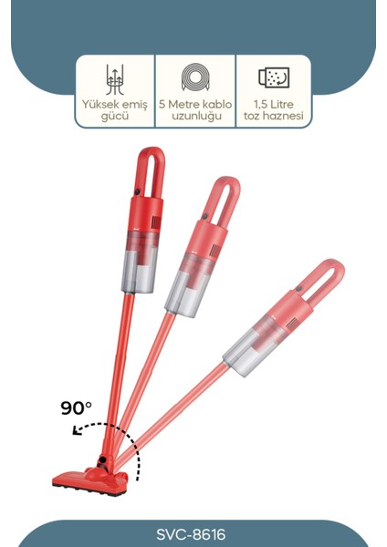 500W Kırmızı Dikey Elektrikli Süpürge, Güçlü Emiş ve Kolay Kullanım