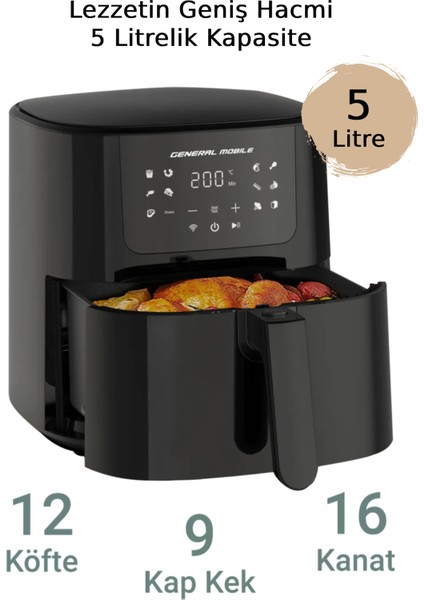5 Litre Yağsız Fritöz, Siyah, Güçlü ve Sağlıklı Pişirme, Türkiye Garantili