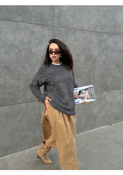 Kadın Antrasit Bisiklet Yaka Peluş Kazak 90