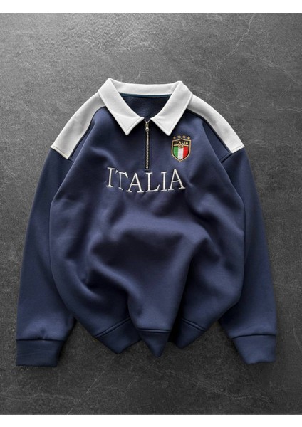 Italıa Logo Nakışlı Mavi Düz Renk Polo Yaka Yarım Fermuarlı Oversize Sweatshirt