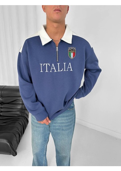 Italıa Logo Nakışlı Mavi Düz Renk Polo Yaka Yarım Fermuarlı Oversize Sweatshirt fiyatları