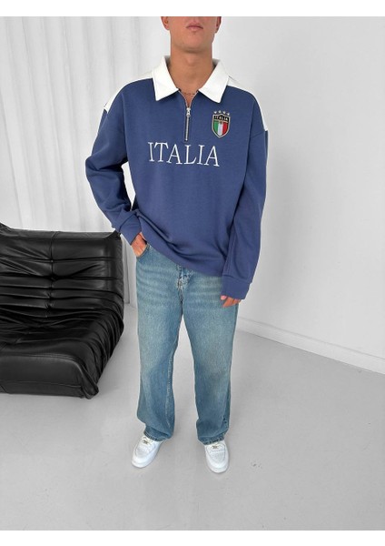Italıa Logo Nakışlı Mavi Düz Renk Polo Yaka Yarım Fermuarlı Oversize Sweatshirt modelleri