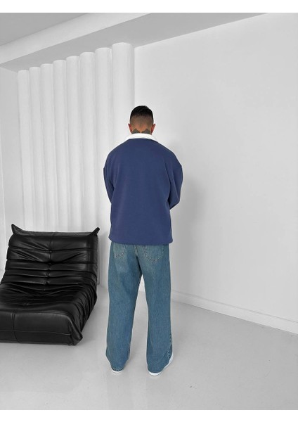 Italıa Logo Nakışlı Mavi Düz Renk Polo Yaka Yarım Fermuarlı Oversize Sweatshirt fırsatları