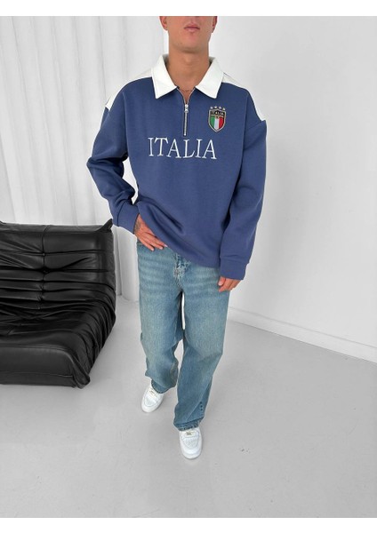 Italıa Logo Nakışlı Mavi Düz Renk Polo Yaka Yarım Fermuarlı Oversize Sweatshirt indirimleri