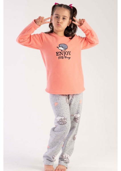 Kız Çocuk Yavruağzı Renk Uzun Kolllu Bisiklet Yaka Polar Pijama Takımı C2T4N0303