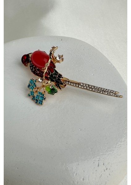 Altın Rengi Çiçek Detay Renkli Işıltılı Kuş Broş (6cm)
