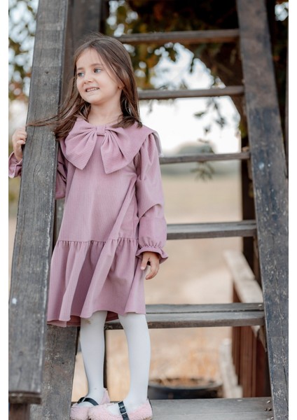 Önü Büyük Fiyonklu Kız Çocuk Elbise Gül Kurusu modelleri