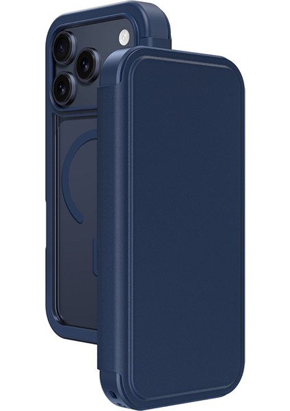 iPhone 17 Pro Max Uyumlu Pu Kartlıklı Kapaklı Amazingthing Glamour Foilo Serisi Kılıf Mavi