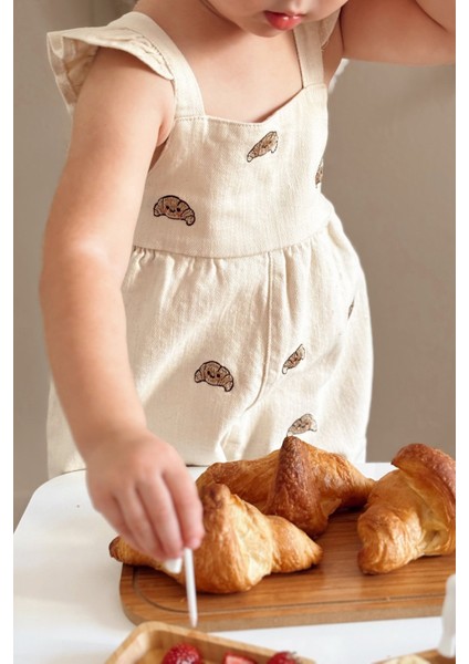 Kruvasan Nakışlı Kız Çocuk Tulum Bej fırsatları