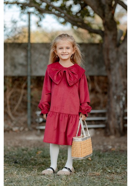 Önü Büyük Fiyonklu Kız Çocuk Elbise Kırmızı