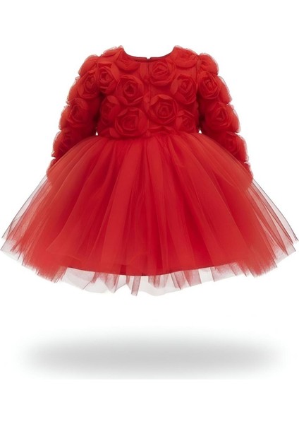Rosa Kırmızı Güllü Kız Çocuk Uzun Kollu Elbise