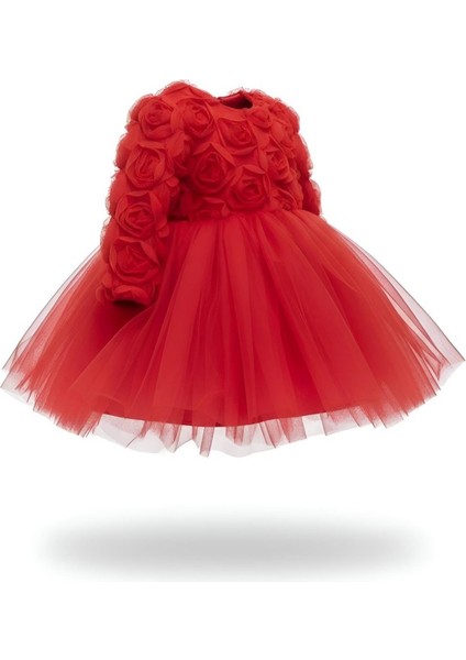 Rosa Kırmızı Güllü Kız Çocuk Uzun Kollu Elbise fiyatları